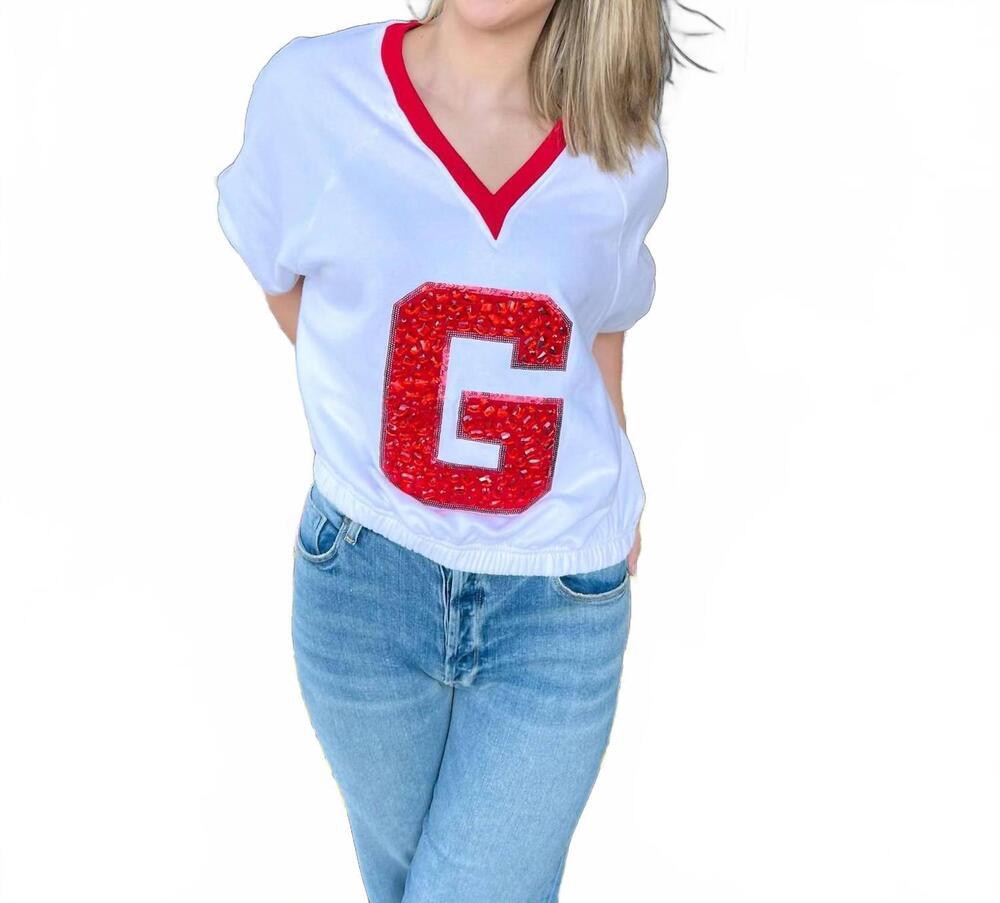 NEW QUEEN OF SPARKLES jewel 'g' bubble v neck top in white / red